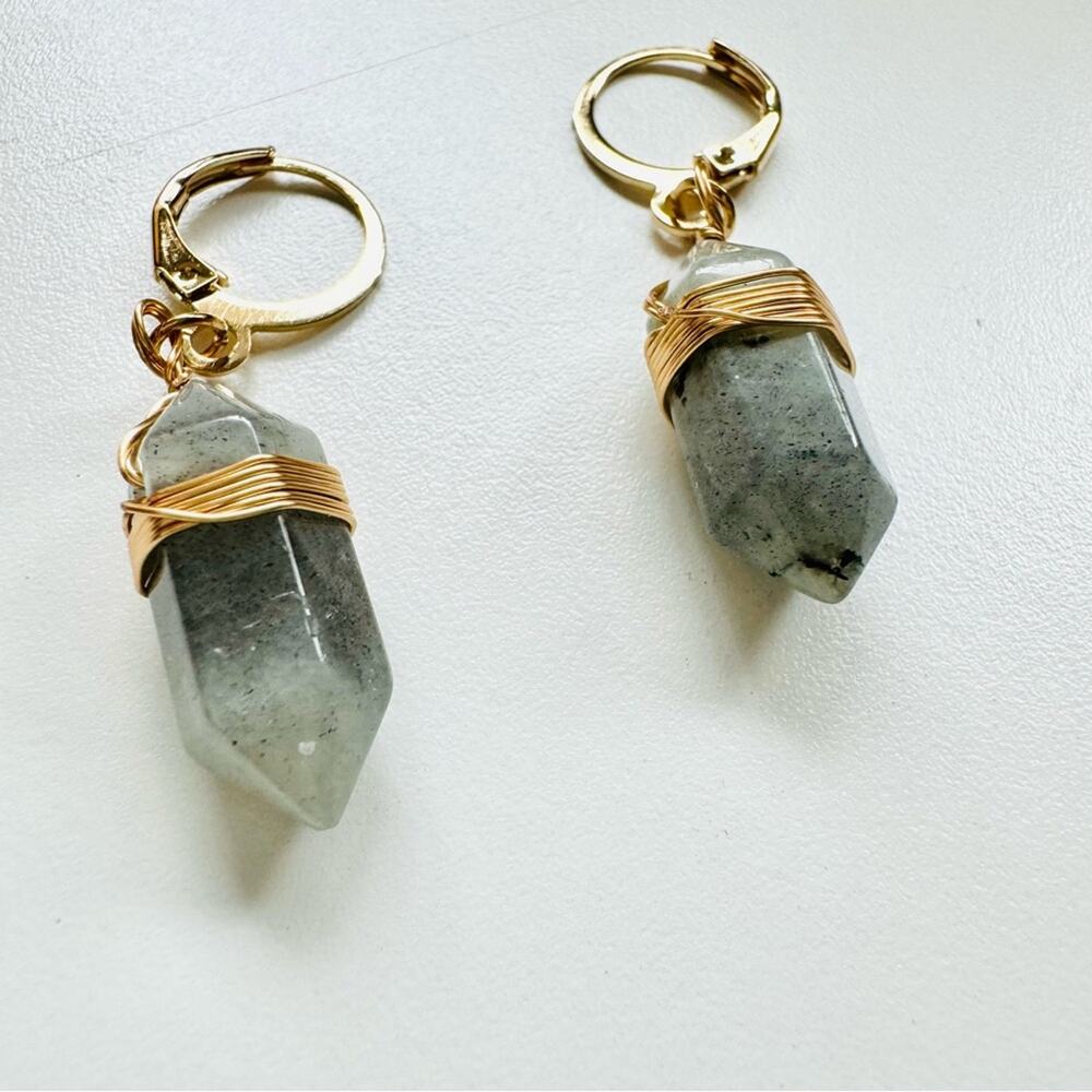 Labradorite Gold Handmade Boho Gemstone Crystal Hoop Earrings Hoops Jewelry - Picture 8 of 11